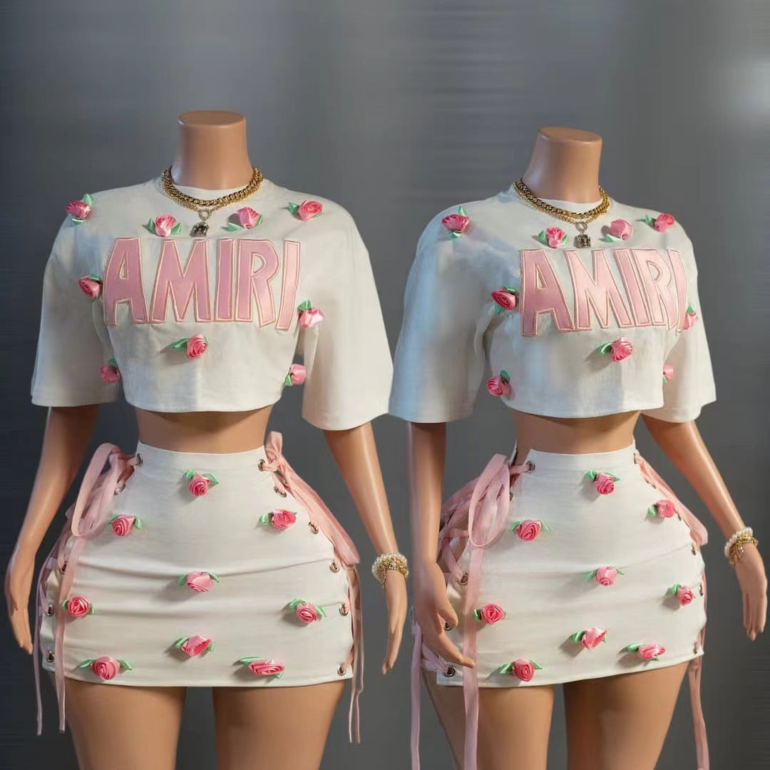 Amiri Letter and 3D Rose Applique Crop Top and Mini Skirt Set Women